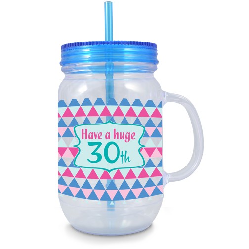 Double wall mason jar for 30th birthdays, 770ml with "Have a huge 30th" design, includes trendy straw for drinks.