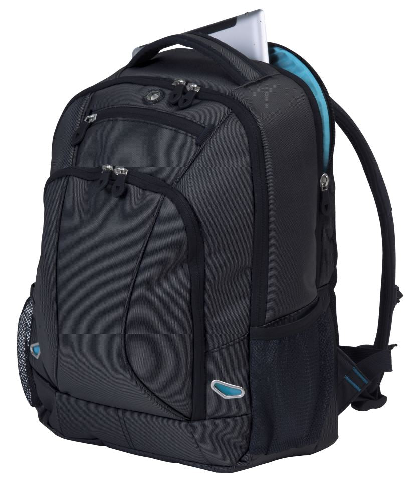 Premium charcoal laptop backpack with dual compartments, padded laptop space, MP3 pocket, and breathable straps for comfort.