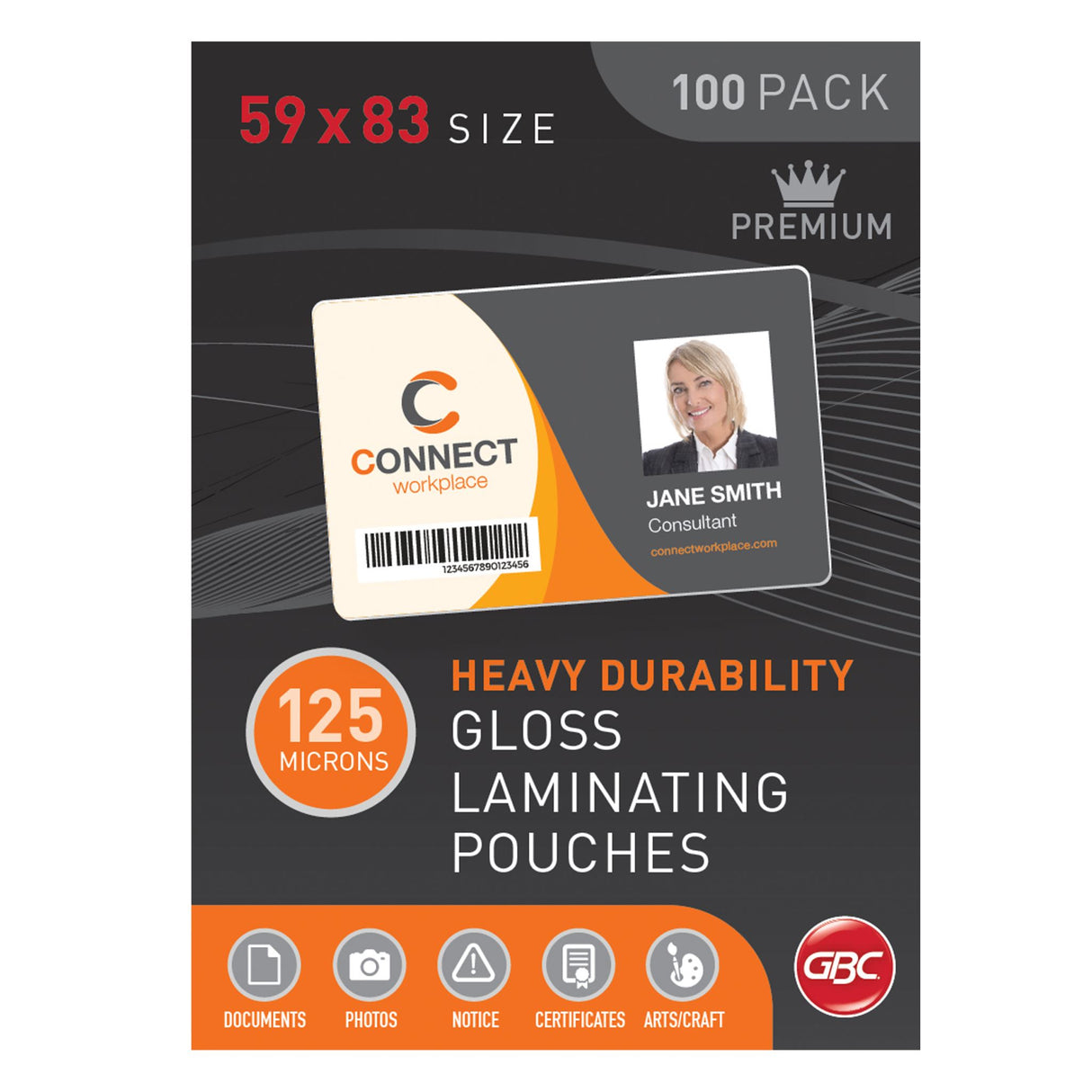 GBC Laminating Pouch 59x83mm, 125 Micron, pack of 100 for durable protection of documents, photos, and frequently handled materials.