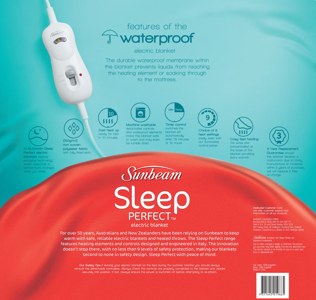 Waterproof electric blanket with 9 heat settings, fast heat up, and cosy feet heating for safe and comfortable sleep.