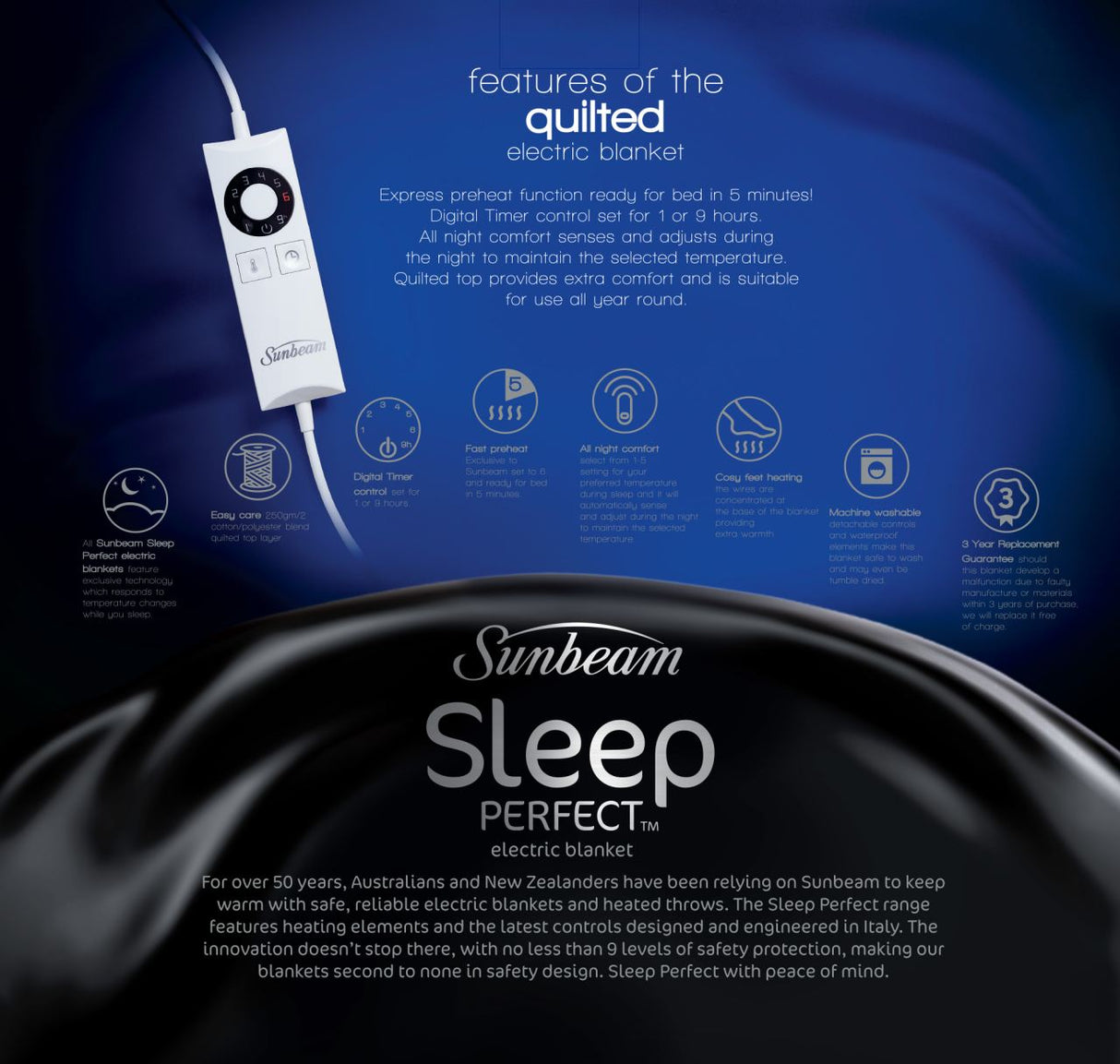 Quilted electric blanket with detachable controller, fast heat, adjustable temperature, and waterproof design for comfort.