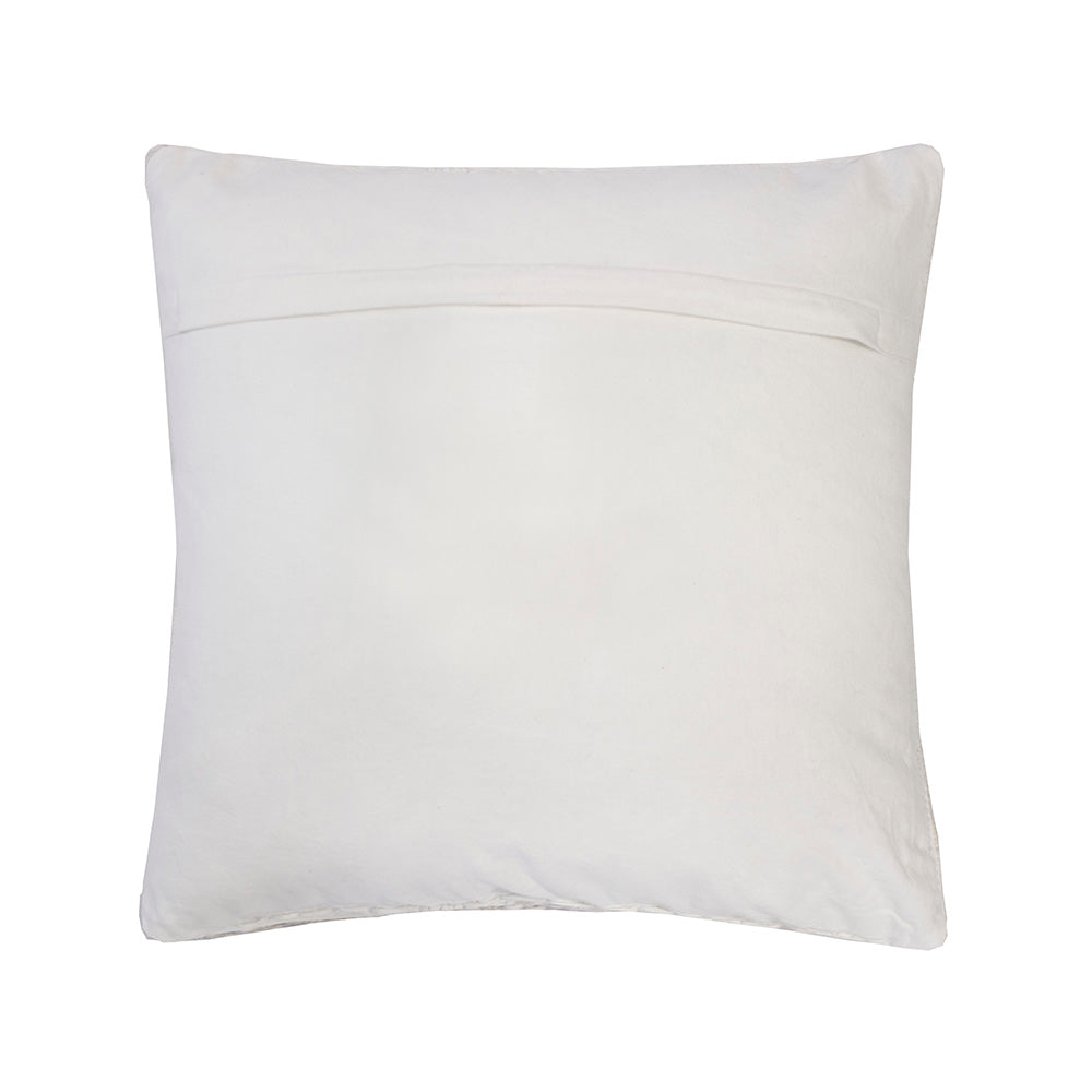 Handcrafted ivory square cushion with intricate macrame diamond pattern, 100% cotton, removable fill, 45 x 45 cm.