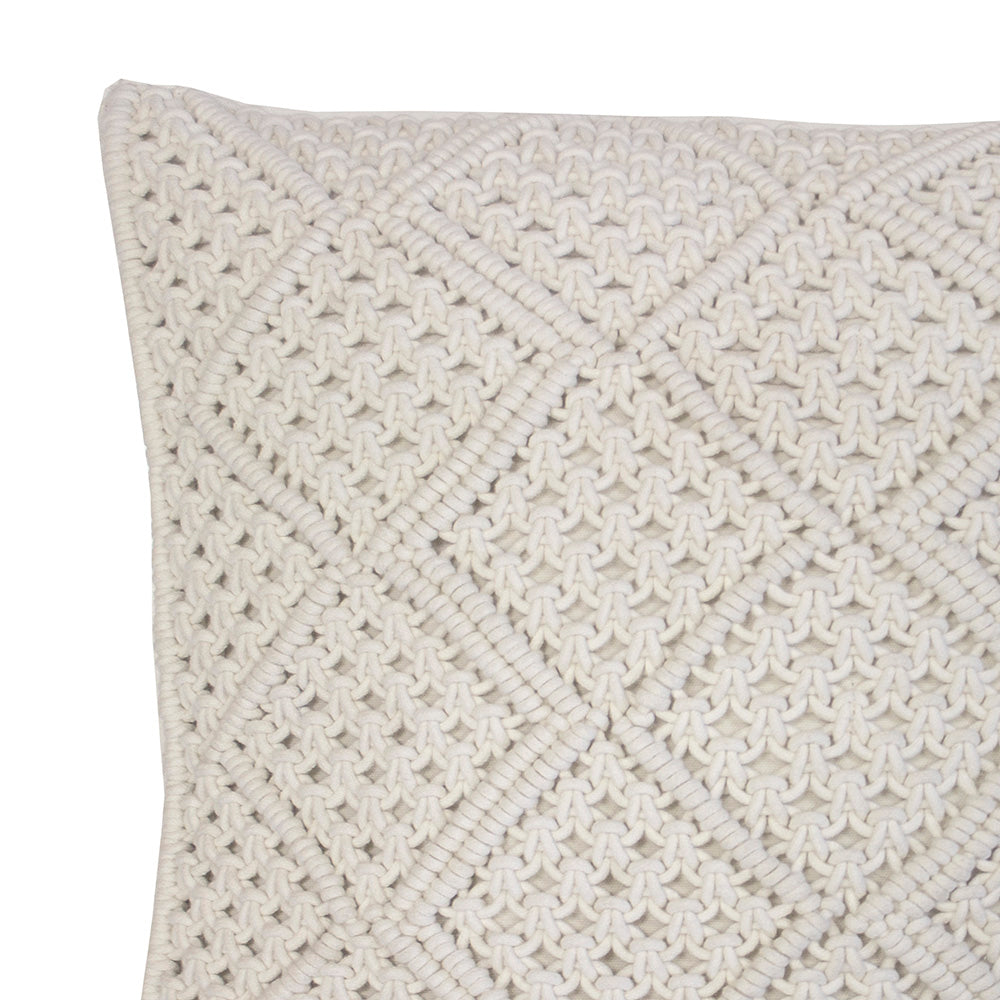 Anka Square Cushion in Ivory featuring a textured macrame diamond pattern, crafted from 100% cotton for elegance and comfort.