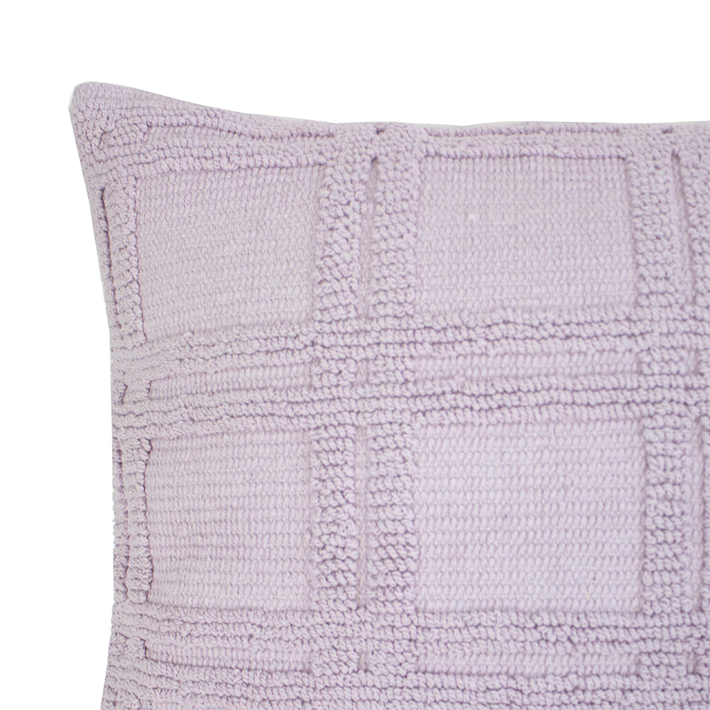 Lilac square cushion by Bambury, featuring a chic check pattern, soft cotton texture, and removable polyester fill, ideal for modern decor.