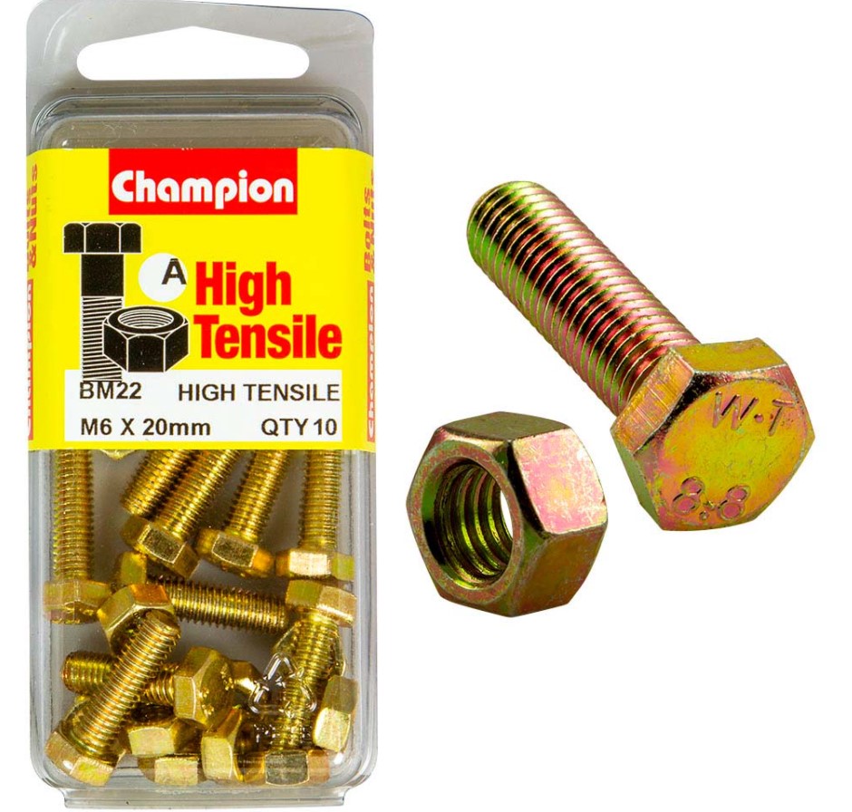 Champion M6 x 20 set screw and nut pack of 10, made from durable GR8.8 carbon steel for heavy-duty fastening applications.