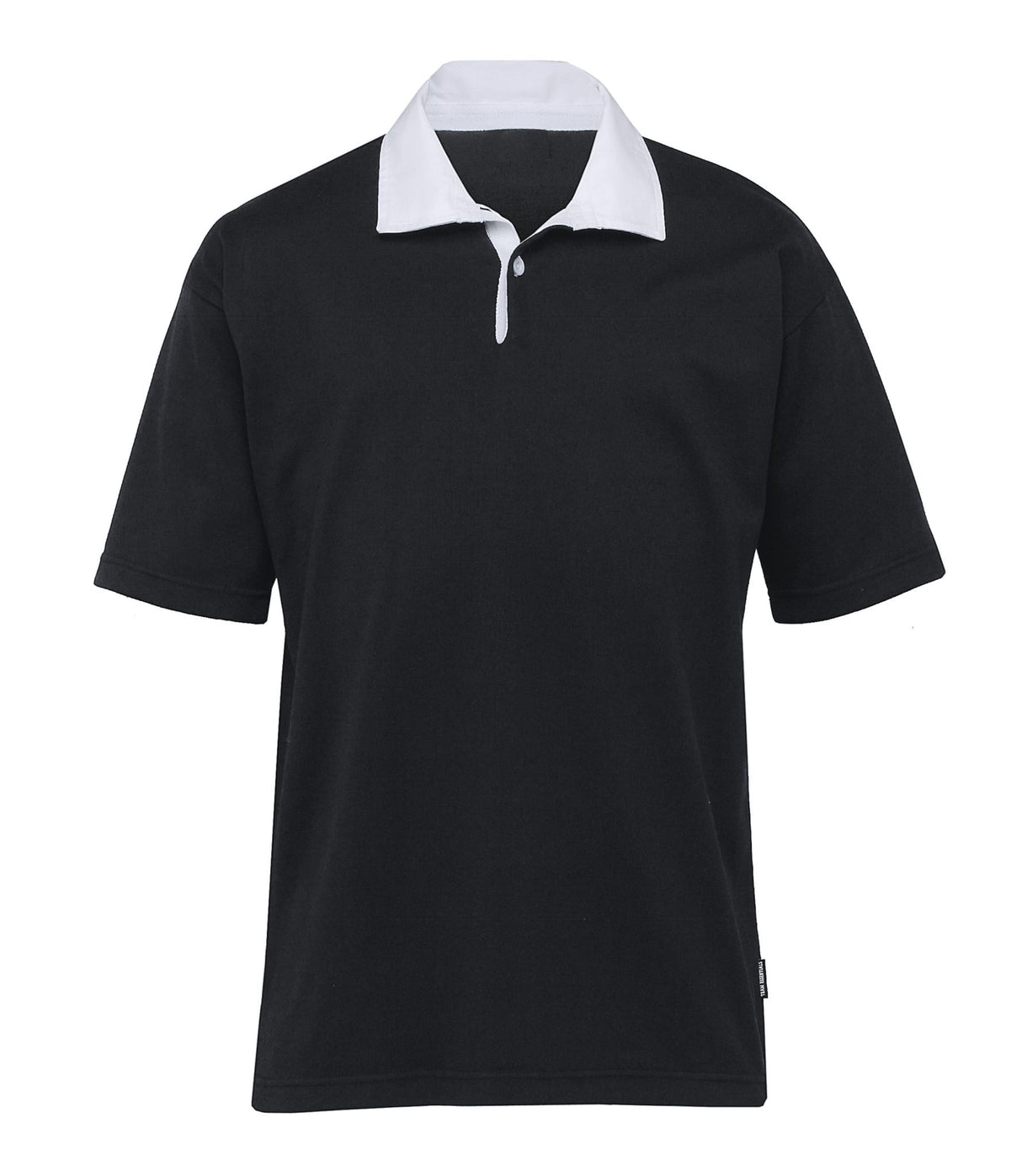 Premium rugby jersey in cotton-polyester blend, featuring short sleeves, contrast collar, and button detail for style and performance.