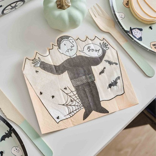 Vampire-shaped Halloween party napkins in a pack of 16, measuring 30cm, perfect for festive gatherings.