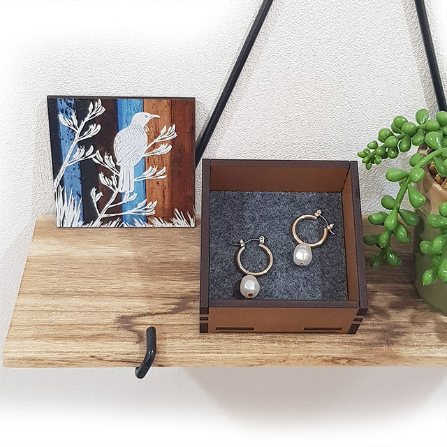 Alt text: Small square trinket box made of Rimu and Pine veneer, showcasing Kiwiana design, perfect for jewelry or keepsakes.