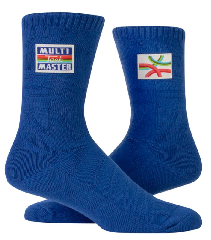 Blue Q Tag Socks - Multitaskmaster in Small/Medium, featuring comfy organic cotton, playful tags, and thick cushioning for all-day wear.