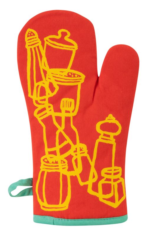 Oven mitt featuring Mr. Spice Guy design, made of 100% cotton, providing superior heat protection for safe cooking.