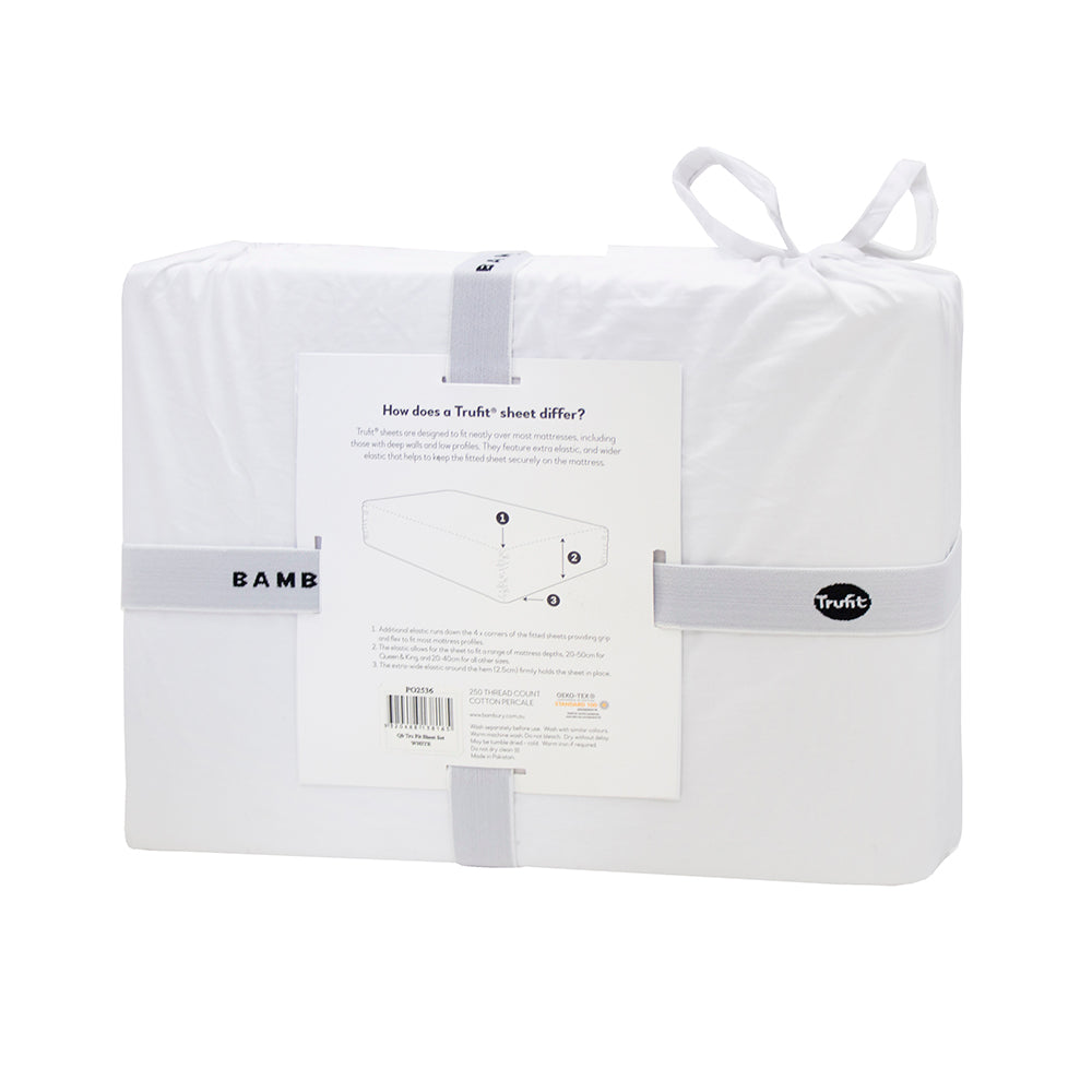 Tru Fit White Queen Sheet Set with snugly fitting sheets, made of premium cotton for comfort and durability.