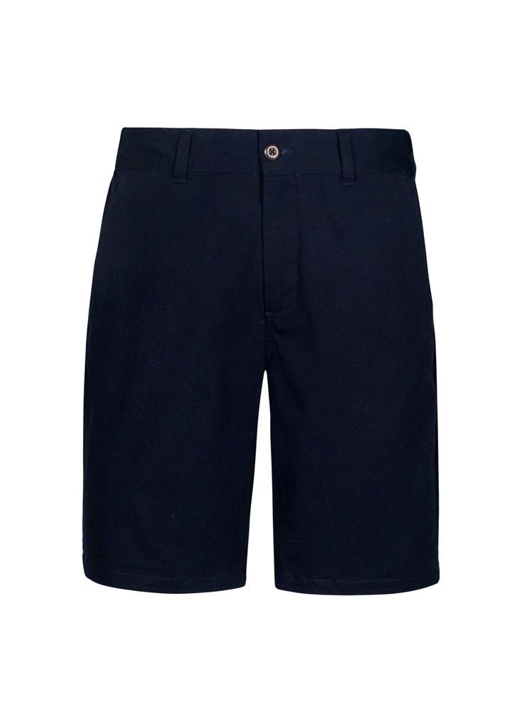 Navy Lawson Men's Chino Shorts featuring a mid-rise fit, side pockets, and a soft, garment-washed texture for comfort.