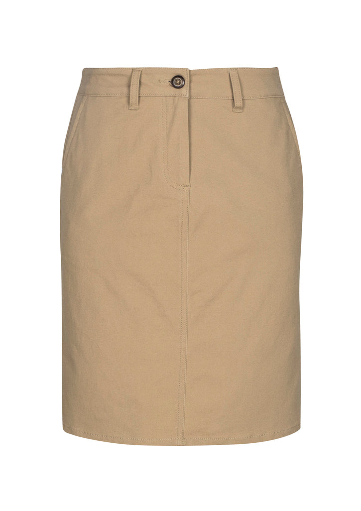 Lawson Ladies Chino Skirt in Dark Stone, featuring a curved waistband, pockets, and a flattering A-line design.