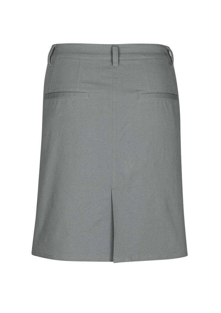 Grey Lawson Ladies Chino Skirt, Size 16, featuring a curved waistband, A-line silhouette, and practical pockets for versatile wear.