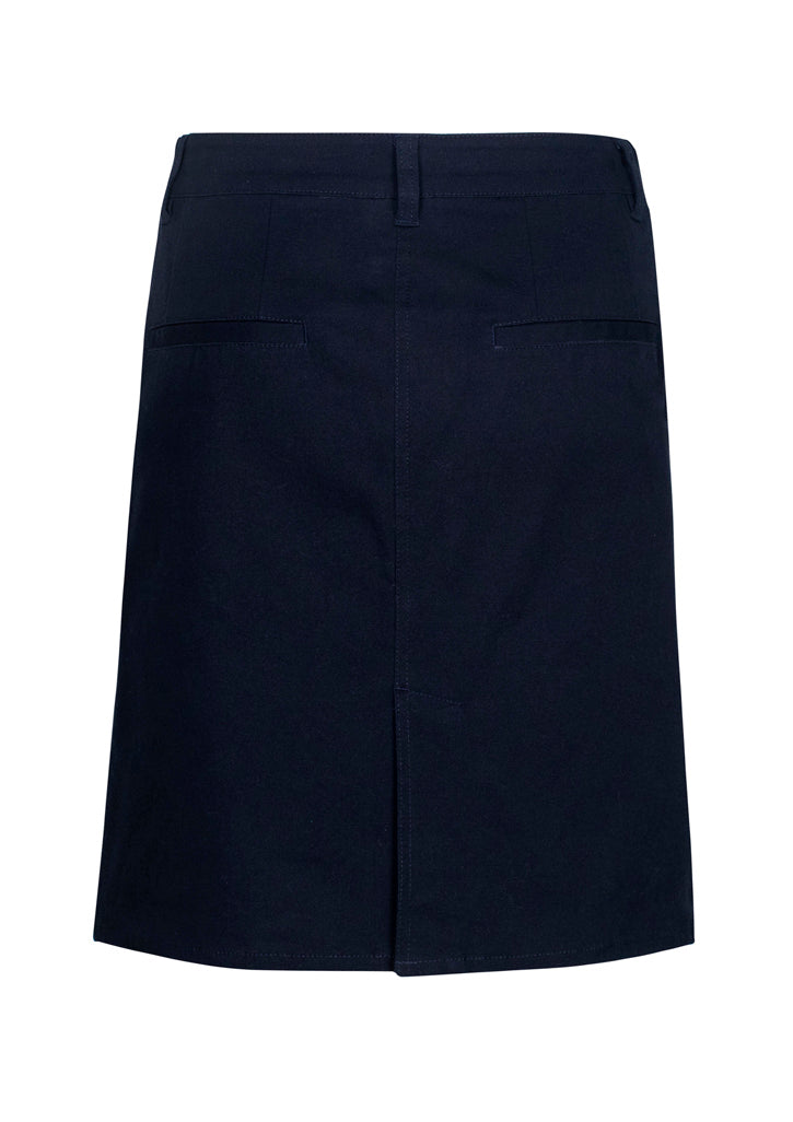 Navy Lawson Ladies Chino Skirt with A-line silhouette, side pockets, and back vent, perfect for casual or professional wear.