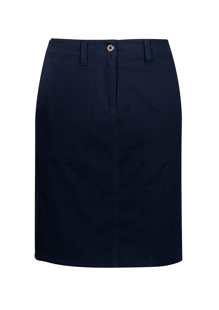 Navy Lawson Ladies Chino Skirt, size 6, featuring a curved waistband, A-line shape, and practical pockets for stylish comfort.