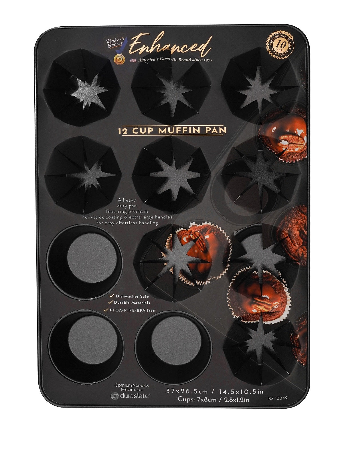 Baker's Secret 12 Cup Muffin Tin in durable metal with non-stick coating for easy release and cleanup, perfect for any home baker.