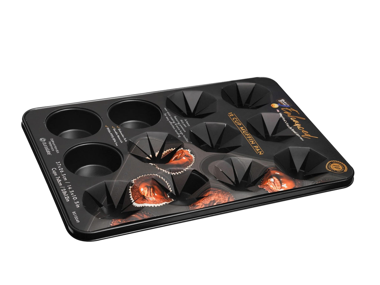 Baker's Secret 12 Cup Muffin Tin with non-stick coating for easy release, durable metal for even heating, and dishwasher safe.