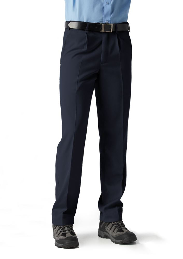 Men's Detroit Pants in Stout Navy with Teflon fabric, single pleat, and Flexiband for comfort and style, size 127.