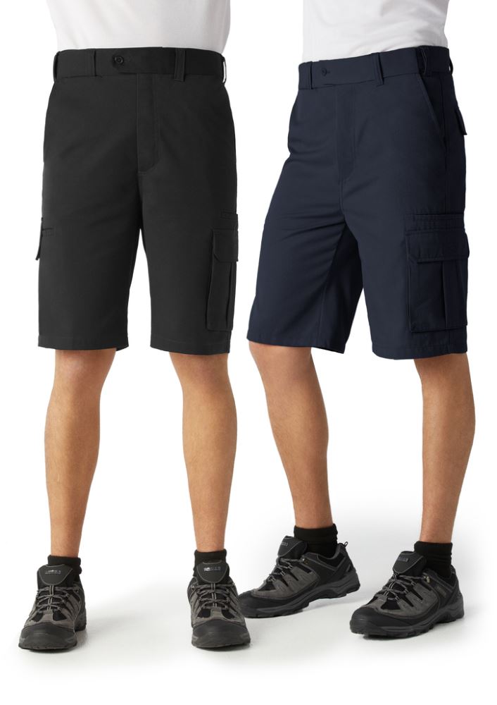Navy men's shorts with Teflon stain resistance, flexible waistband, and multiple pockets for style and comfort.
