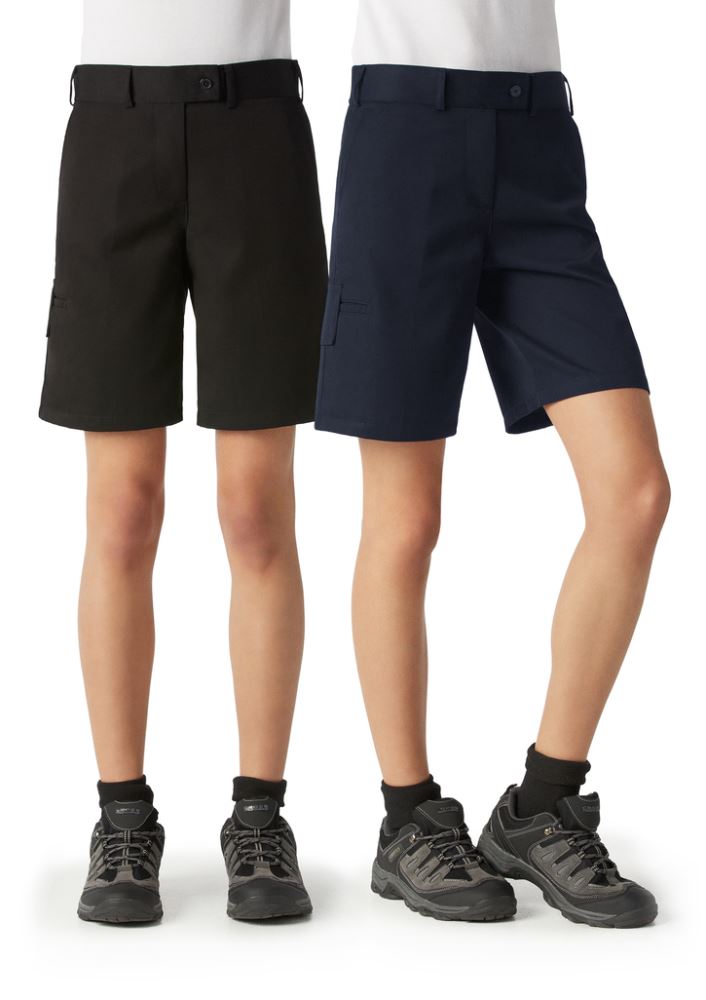 Navy Ladies Detroit Short in Size 18 featuring Teflon stain resistance, flat front, and multiple pockets for style and functionality.