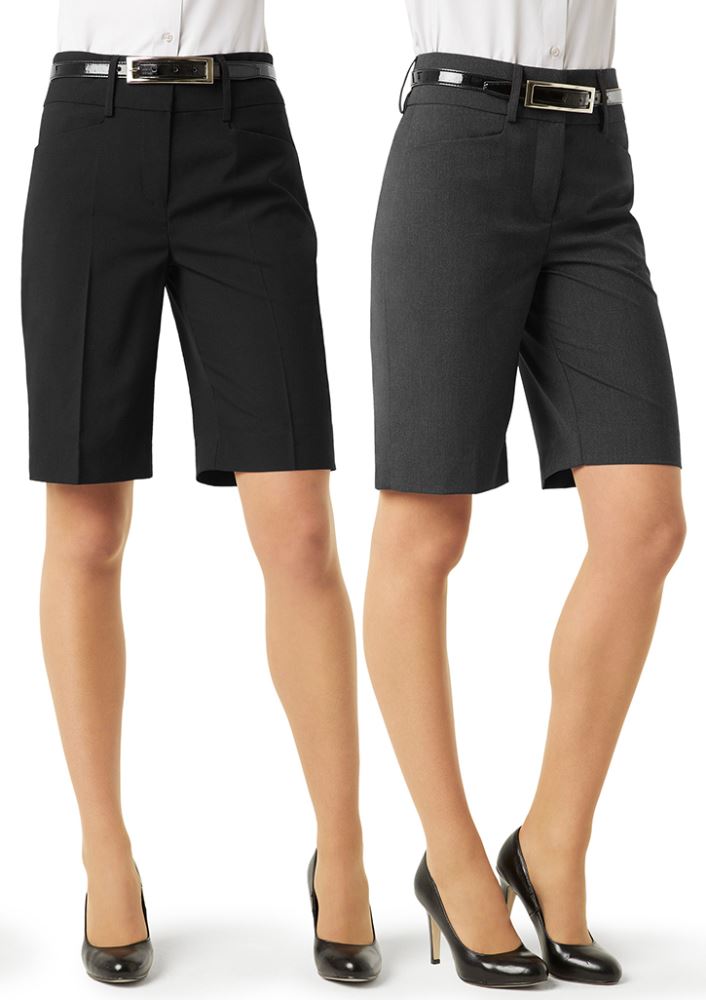 Ladies Classic Black Shorts, Size 18 from Biz Collection, featuring a regular waist, L-shaped pockets, and flexible stretch fabric.