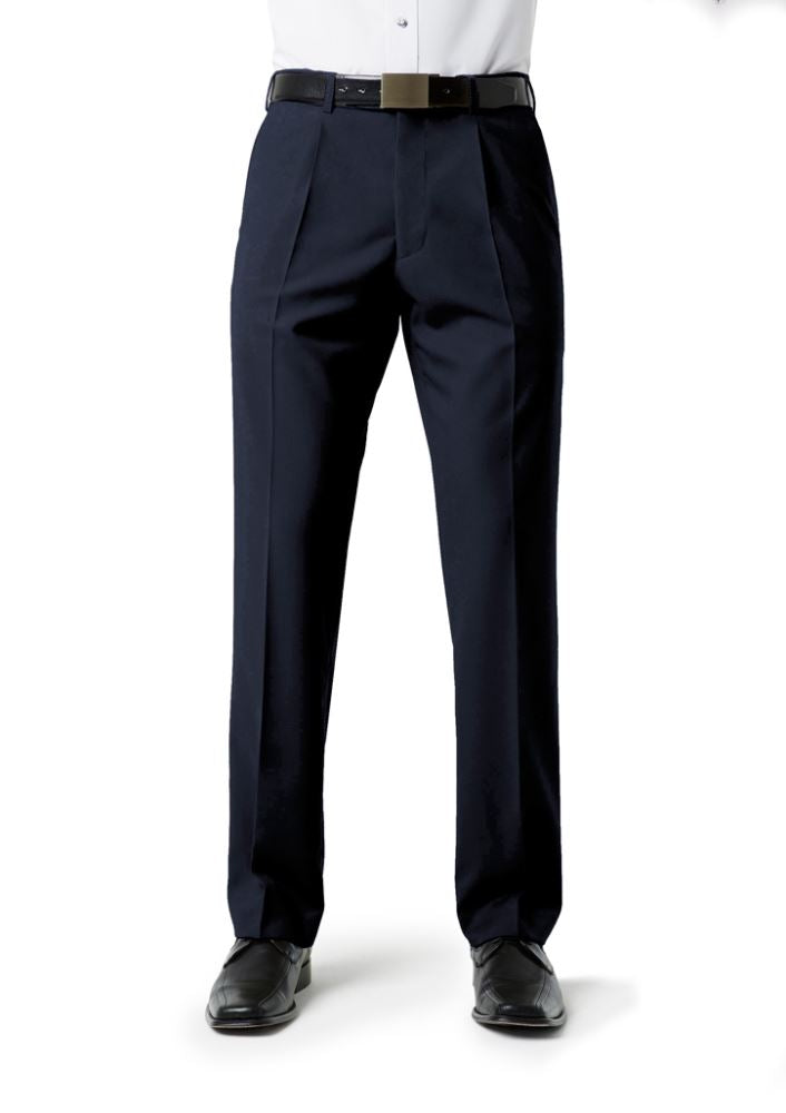 Navy pleat front pants in size 127, featuring stretch fabric, pockets, and adjustable hem for a modern, tailored look.