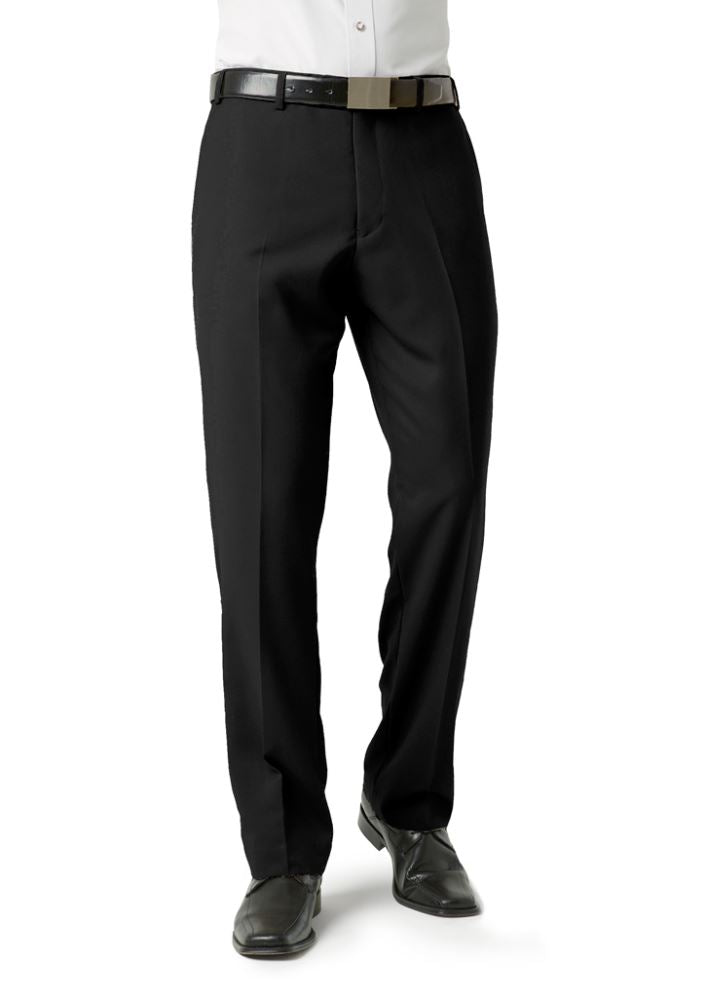 Men's classic black flat front pants in size 107, featuring comfortable stretch fabric and practical pockets for versatile style.