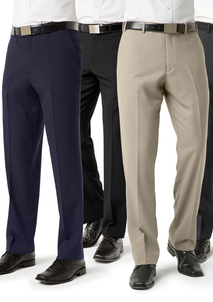 Men's navy flat front pants in size 117, featuring mechanical stretch, pockets, and easy-care fabric for comfort and style.
