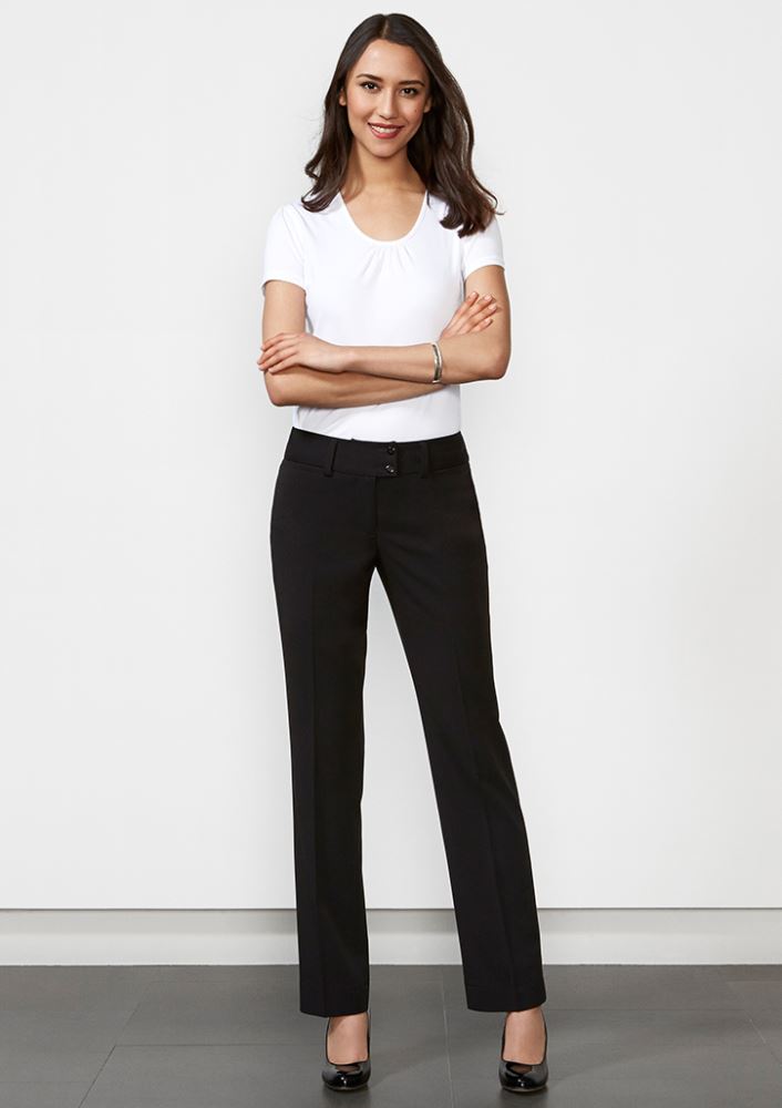 Ladies Kate Perfect Pant in Navy, Size 6, featuring 4-way stretch, mid-rise fit, and classic straight leg design.