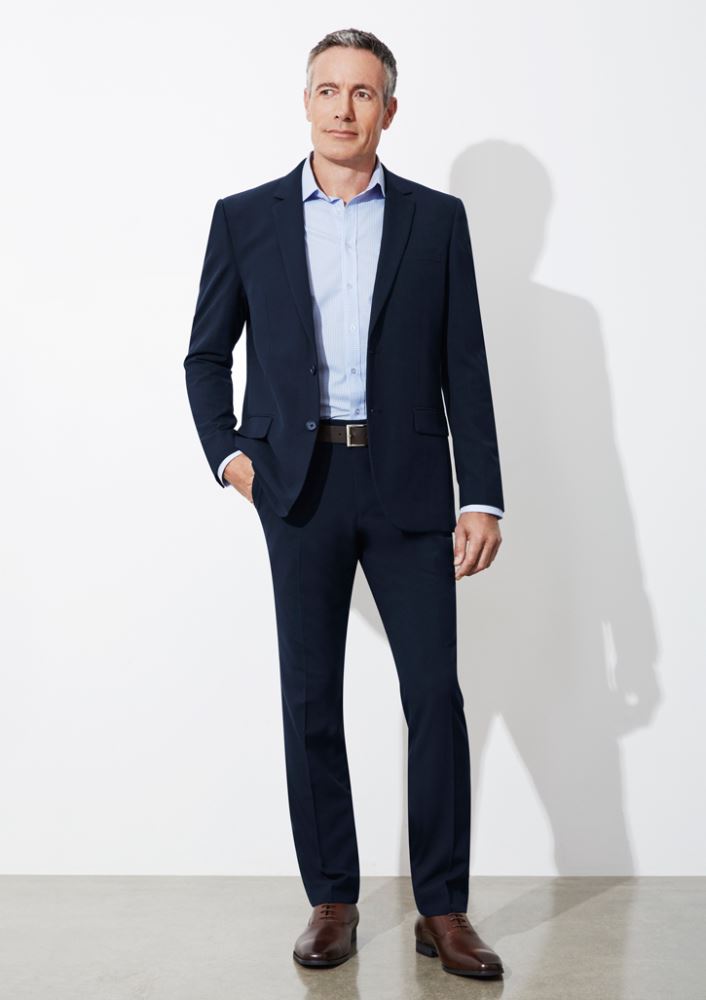 Men's Classic Slim Pant in Navy, Size 102, featuring flat front, side pockets, and mechanical stretch for comfort.