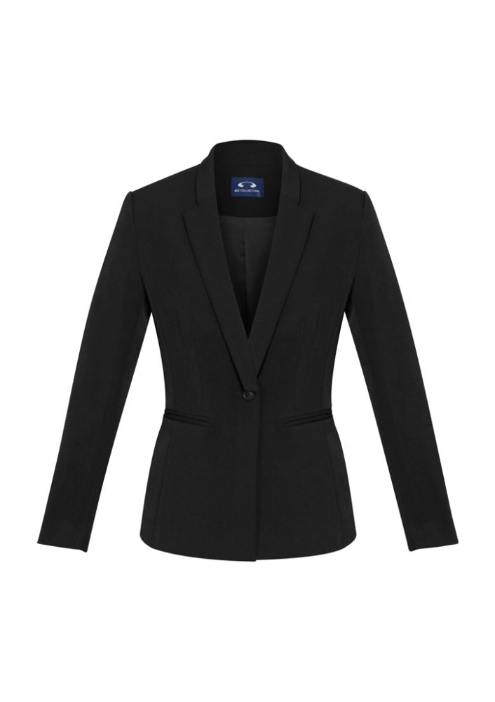 Ladies Bianca Jacket in black, size 14, featuring a single-button closure, notched lapel, and 4-way stretch fabric for comfort.