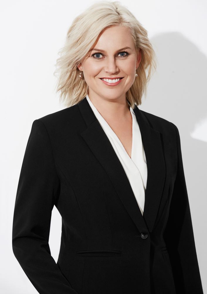 Ladies Bianca Jacket in black, size 24, featuring 4-way stretch fabric, single button style, and tailored pockets for comfort and elegance.