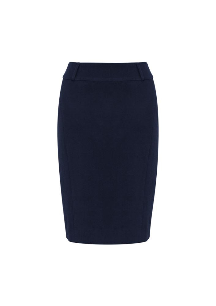 Navy Ladies Loren Skirt in Size 24, featuring 4-way stretch fabric and a modern knee-length design suitable for various occasions.
