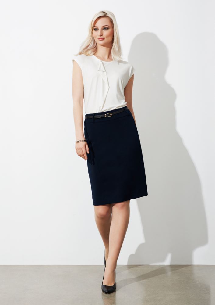 Elegant black knee-length Ladies Loren Skirt in Size 22, featuring 4-way stretch fabric and practical design elements.