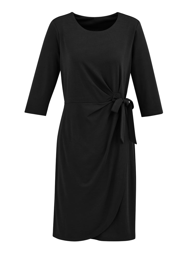 Elegant black Ladies Paris Dress in size XS featuring a faux wrap front, side tie, and flattering Ponte Roma knit fabric.