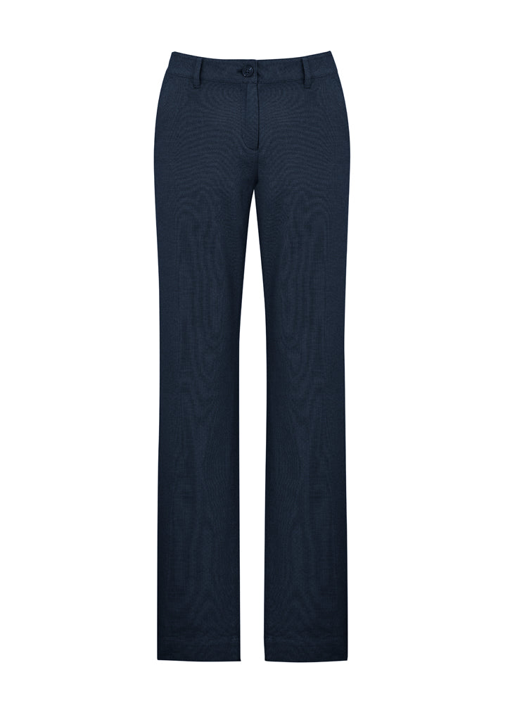 Navy Ladies Barlow Pant in Size 10, featuring a mid-rise fit, tapered legs, and jacquard weave for stylish comfort.