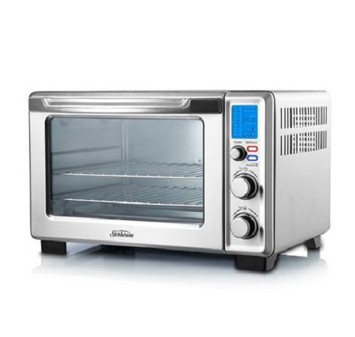 Digital oven with 10 pre-set functions, stainless steel finish, and 22L capacity, ideal for cooking pizzas and more.
