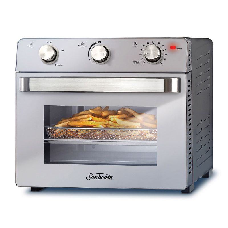 Stainless steel multi-function oven and air fryer with 22L capacity, 2400 watts, and adjustable timer for versatile cooking.