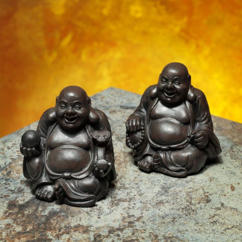Set of 12 assorted 6cm wood effect Buddha ornaments, perfect for enhancing decor and promoting tranquility.