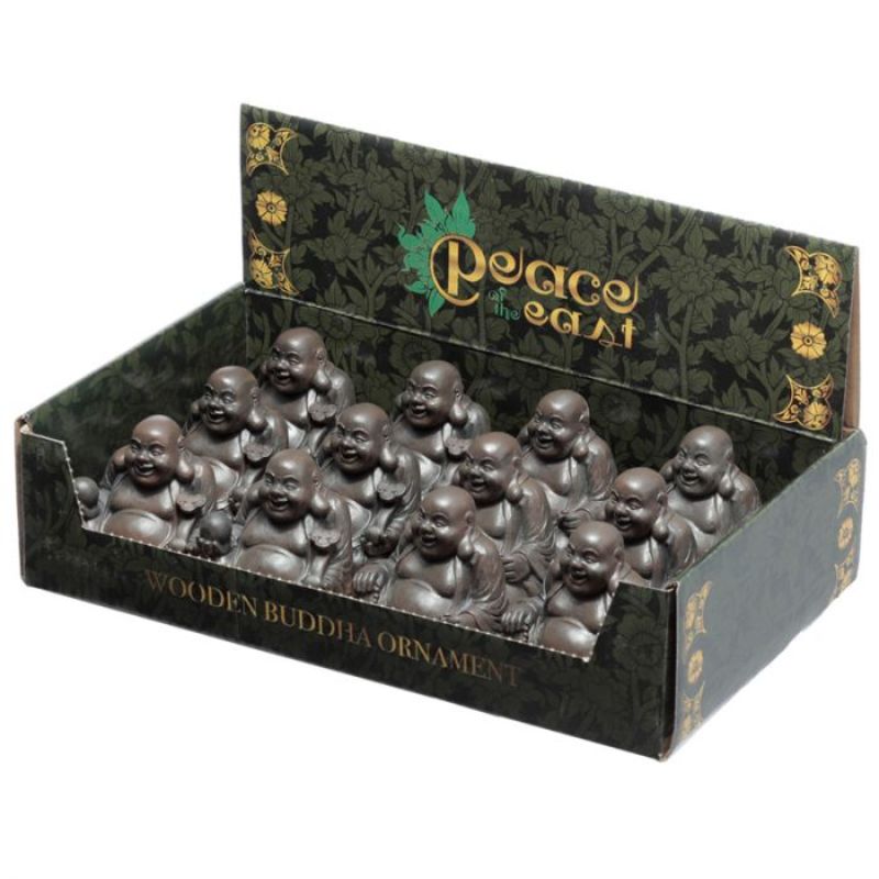 Set of 12 assorted 6cm wood effect Buddha ornaments, symbolizing Eastern spirituality and promoting tranquility in decor.