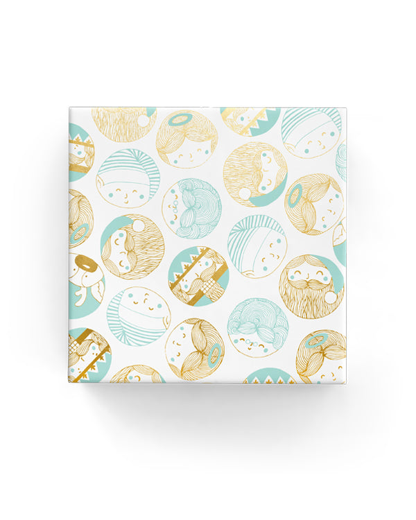 Festive mint gold wrapping paper featuring merry characters, 60cm wide and 40m long, perfect for elegant gift presentation.