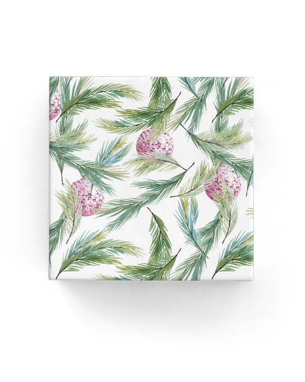 Watercolour spruce trees and colourful baubles wrapping paper roll, 60cm x 40m, eco-friendly and perfect for festive gifts.