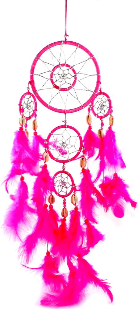 Elegant 12 cm pink dreamcatcher with cowry shells, promoting sweet dreams and calming decor for bedrooms or living spaces.