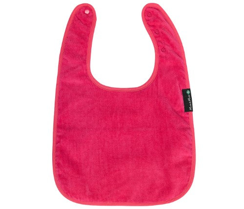 Vibrant cerise feeding apron with back opening, extra-absorbent towelling, adjustable fit, and waterproof layer for kids.