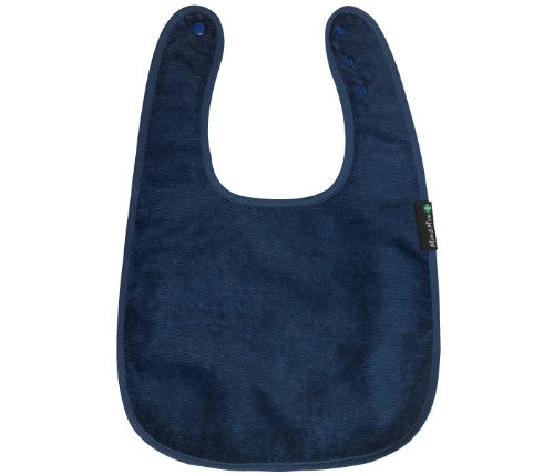 Navy feeding apron with back opening, 100% cotton, waterproof, stain-resistant, adjustable for infants and toddlers.