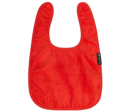 Feeding apron in vibrant red featuring extra-absorbent toweling and waterproof layer for ultimate spill protection.