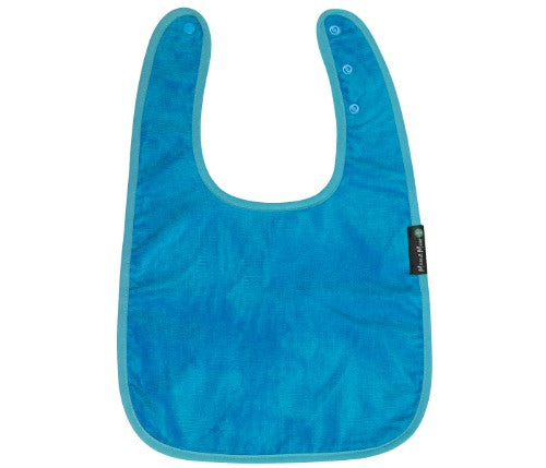 Teal feeding apron with back opening, extra-absorbent cotton, stain-resistant, adjustable fit, and waterproof layer for mealtime protection.