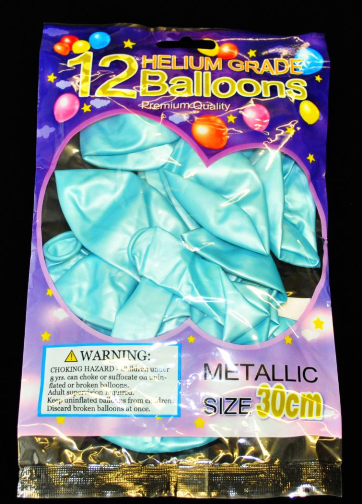 Baby blue helium quality balloons in a pack of 12, perfect for celebrations and decorations, measuring 30 cm each.