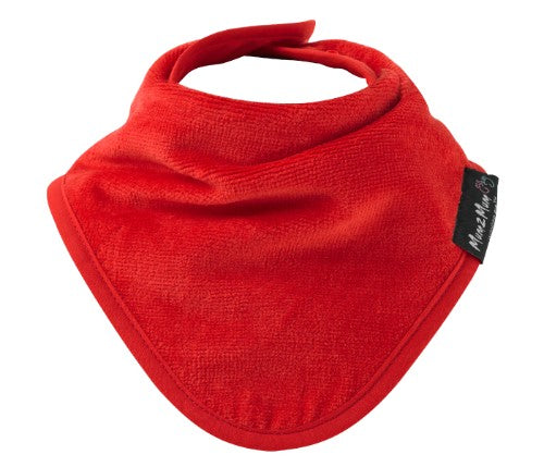Vibrant red bandana bib made from 100% cotton, super-absorbent front, and water-resistant backing for stylish baby protection.